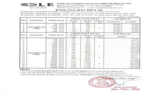 BẢNG GIÁ MÁY BIẾN ÁP LE MỚI NHẤT 2021
